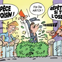 Un voisin en colère crie "Espèce de voisin!". Un autre, arbitre, brandit un carton rouge. Idéal pour un modèle de lettre pour avertir les voisins.