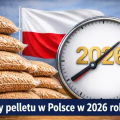 Stosy worków z pelletem, polska flaga i zegar wskazujący 2026 rok. Sprawdź ceny pelletu w Polsce w 2026 roku.