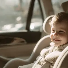 Uśmiechnięte dziecko w foteliku samochodowym, gotowe na zimową podróż. Pamiętaj, jak ubrać dziecko do auta zimą, by było mu ciepło i bezpiecznie.