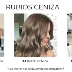 Tres modelos lucen diferentes tonos de rubio ceniza en su cabello. El rubio ceniza en morenas crea un contraste sutil y elegante.