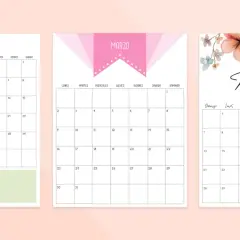 Tres diseños de calendario del mes de marzo, uno con diseño geométrico, otro con un lazo rosa y el último con flores.
