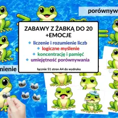 Żabka przyjaźni uczy liczenia, logicznego myślenia i emocji. Zabawy z żabką rozwijają koncentrację i umiejętność porównywania.