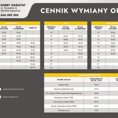 Cennik wymiany opon w Dobrym Warsztacie. Sprawdź, ile kosztuje wymiana opon w zależności od rozmiaru i typu felgi.