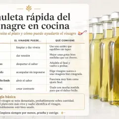 Guía rápida sobre cómo usar el vinagre italiano en la cocina. Muestra botellas de vinagre y una tabla con consejos.
