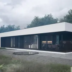 Nowoczesny dom do 70m2 z dużymi przeszkleniami, otoczony zielenią. Minimalistyczna bryła i taras tworzą idealne miejsce do odpoczynku.