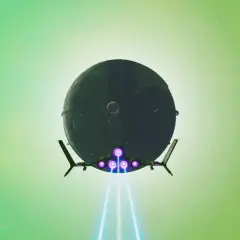 Ein Raumschiff fliegt auf eine riesige, dunkle Kugel zu, während im Hintergrund ein Planet und ein heller Stern leuchten. Ein typischer Anblick in No Man's Sky.