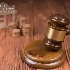 Młotek sędziowski i stos monet symbolizują rozliczenie konkubinatu. W tle miniaturowy domek.