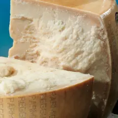 Due pezzi di Parmigiano Reggiano, uno tagliato, mostrano la loro consistenza granulosa. Scopri come conservare il parmigiano in frigo per mantenerlo fresco.