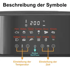 Beschreibung der Airfryer Symbole: Fisch, Kuchen, Hähnchen, Pommes, Bacon, Schwein, Geflügel, Steak, Garnelen, Toast, Gemüse, Warmhalten. Tasten für Temperatur und Zeit.