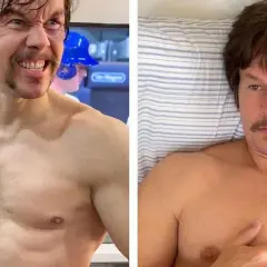 Mark Wahlberg w dwóch odsłonach: zacięty i muskularny, gotowy na wyzwanie, jak spalić 7000 kcal w jeden dzień, oraz zrelaksowany w łóżku.