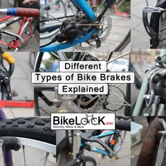 Collage showing various mountain bike brake types, including rim brakes and disc brakes, with text overlay "Different Types of Bike Brakes Explained.