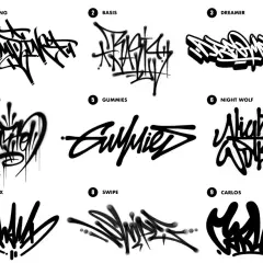 Neun verschiedene Graffiti-Tags in Schwarz auf weißem Hintergrund, nummeriert und mit Namen versehen.