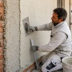 Un operaio intonaca un muro senza intonaco, mentre un collega lavora sullo sfondo. Lavori di ristrutturazione in corso.
