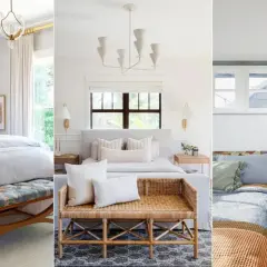 Three stylish bedrooms feature a bed against a window, each with unique decor.