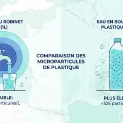 Comparaison de la composition eau du robinet et eau en bouteille. L'eau du robinet contient peu de microparticules, contrairement à l'eau en bouteille.