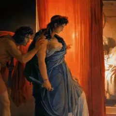 Judith z mieczem i Holofernes śpiący. Obraz ukazuje przyczyny dekonstrukcji mitu bohatera w literaturze postmodernistycznej, gdzie słabość i zdrada zastępują siłę.