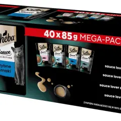 Opakowanie karmy Sheba Sauce Collection z rybnymi smakami, w tym łosoś, biała ryba, tuńczyk i dorsz. Czy Sheba to dobra karma? Ten mega-pack sugeruje, że tak!