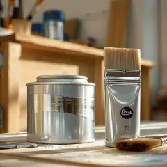 Pinceaux et boîte métallique sur un fond dur bois. Prêt pour le travail.