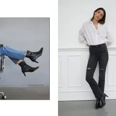 En kvinna i svarta, slitna vmbrenda jeans och en vit skjorta lutar sig mot en vägg. En annan bild visar en närbild på benen i ljusa vmbrenda jeans och svarta stövletter.
