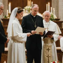 Uroczystość ślubna w kościele. Czy bierzmowanie jest potrzebne do ślubu? Pytanie zadaje ksiądz do pary młodej.