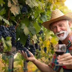 Winzer mit Strohhut hält Glas Rotwein, umgeben von reifen Weintrauben. Er bereitet sich darauf vor, Wein anzusetzen mit den frischen Trauben.