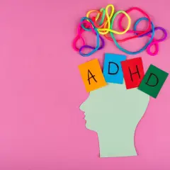 Sylwetka głowy z kolorowymi karteczkami z literami "ADHD" i plątaniną sznurków.