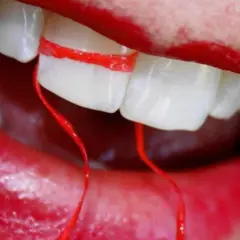 Denti bianchi con filo interdentale rosso stretto tra due, sembra che il filo interdentale faccia male.