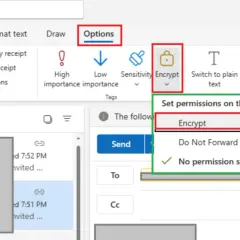 Menu Options d'Outlook, avec l'option "Encrypt" sélectionnée pour la protection des mails.