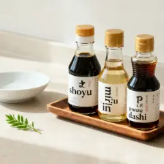 Tre flaskor med japanska smaksättare: shoyu, mirin och ponzu dashi. Perfekt för att ge ditt soja innehåll en extra touch.