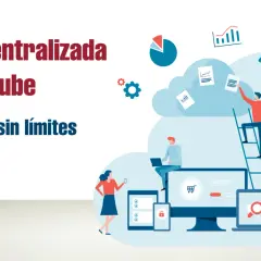 Ilustración de "Firma centralizada o en la nube" con personas interactuando con dispositivos y datos en un entorno digital.