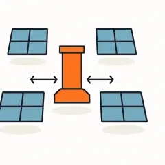 Illustration zeigt vier Solarmodule um einen orangefarbenen Schornstein. Pfeile deuten auf den nötigen photovoltaik abstand schornstein.