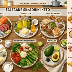 Zalecane składniki diety keto: mięso, ryby, nabiał, warzywa, awokado, oliwy, orzechy. Produkty zakazane: pieczywo, makaron, ziemniaki, słodycze.