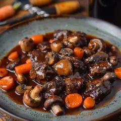 Un plat de boeuf bourguignon cookeo, mijoté avec des champignons et des carottes, servi dans une assiette grise.