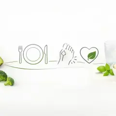 Awokado, brokuły, rysunek stopy z bólem, serce z liściem, szklanka wody i tofu.