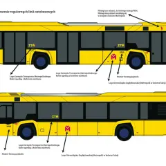 Żółty autobus z oznaczeniami linii. Widoczny numer boczny pojazdu, logo ZTM i Metropolii.