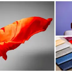 Tissu orange flottant, tube de colle et échantillons de tissus. L'art de coller tissu sur bois.