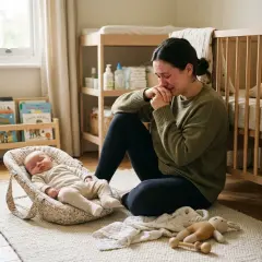 En kvinna gråter bredvid sin sovande bebis, en bild av baby blues.