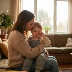 Mama pociesza płaczącego 3-latka, wspierając jego rozwój emocjonalny. Ciepło i bezpieczeństwo w domowym zaciszu.