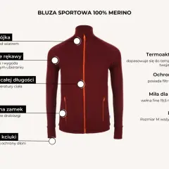 Bordowa bluza sportowa z wysoką stójką, raglanowymi rękawami i zamkiem na całej długości. Wykonana ze 100% wełny merino, termoaktywna i miła dla skóry.