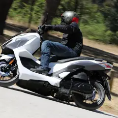Persona conduce una SYM Jet X 125 blanca por una carretera arbolada. Las opiniones sobre la SYM Jet X 125 son positivas.