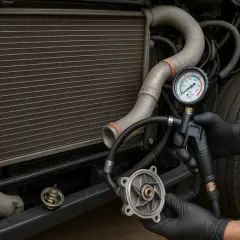 Mechanik sprawdza ciśnieniomierzem pompę wody, szukając przyczyn wysokiego ciśnienia w układzie chłodzenia. Obok leży termostat.