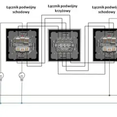 Schemat instalacji elektrycznej: łącznik podwójny schodowy, łącznik podwójny krzyżowy, łącznik podwójny schodowy.