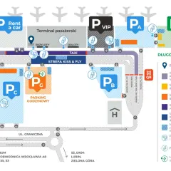 Mapa lotniska Wrocław. Sprawdź, ile kosztuje parking na lotnisku we Wrocławiu, gdzie są strefy VIP, Kiss & Fly, godzinowe i długoterminowe.