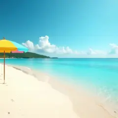 Rajska plaża z palmami i kolorowym parasolem. Idealne miejsce na wakacje, kiedy Dominikana jest najtaniej.