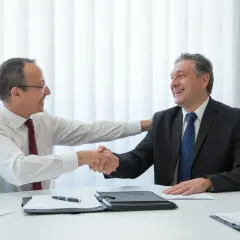 Dwóch biznesmenów uśmiecha się, ściskając dłonie. Uproszczony leasing stał się faktem, co widać po ich zadowoleniu.