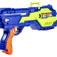 Niebiesko-zielony pistolet na strzałki piankowe z pomarańczowym uchwytem, gotowy do zabawy w Super Wars!