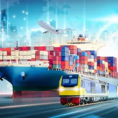 Globalne środki transportu: kontenerowiec, pociąg, samolot i ciężarówka w ruchu, symbolizujące logistykę i handel.