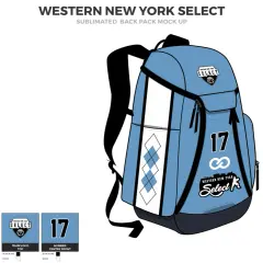 Niebieski plecak do koszykówki z logo "Western New York Select" i numerem 17. Idealny dla każdego fana basketu.