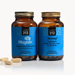 Dwie butelki suplementów diety z magnezem: Magtein (magnesium L-Threonate) i ALLmag. Obok leżą trzy kapsułki.