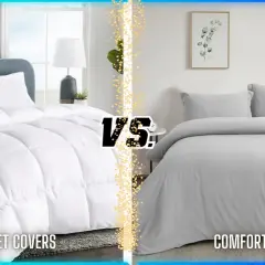 A white duvet cover with a quilted comforter vs. a gray comforter. What's the difference between a comforter and a blanket?